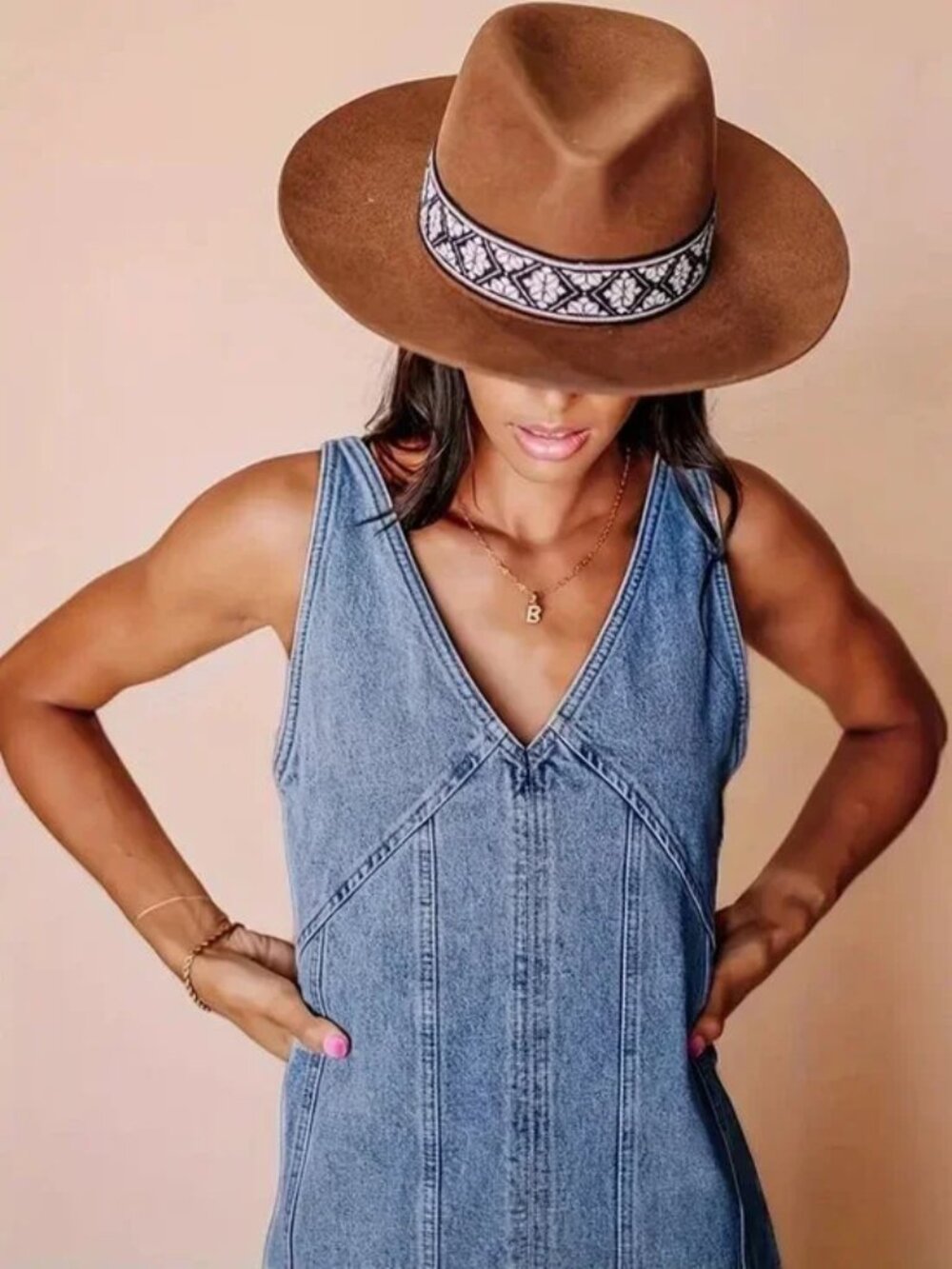 V-Neck Side Zip Denim Dress - Picture 2 of 5